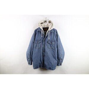 Vtg Streetwear Mens Large Faded Quilted Denim Jean Hooded Shirt Jacket Jac Shirt